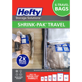Hefty Shrink-Pak seal-close demonstrates airtight packing for efficient travel.