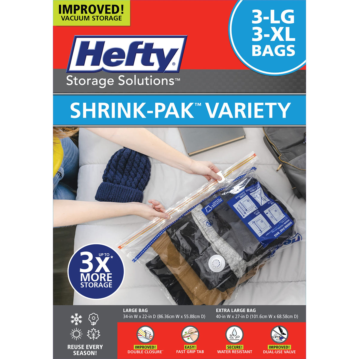 Hefty Shrink-Pak under-bed storage bags save space and protect seasonal garments.
