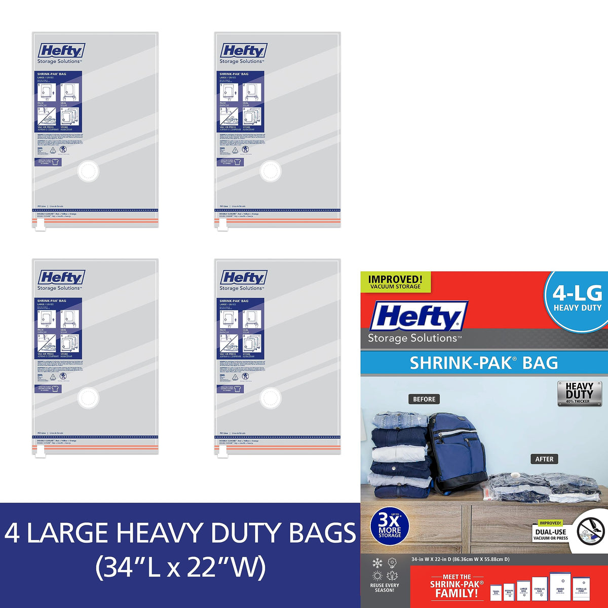 Easy-closure Hefty seal demonstrates airtight storage for clothes.