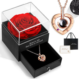 HEGUD preserved rose with I Love You necklace in 100 languages, ideal long-distance romantic gift.