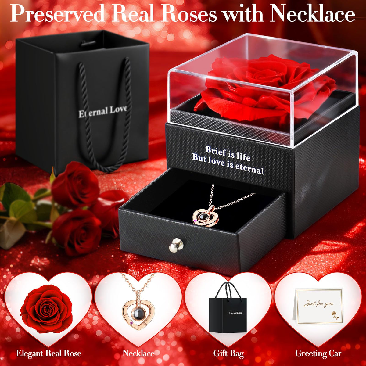 HEGUD rose gift box with card presents a romantic, maintenance-free keepsake.
