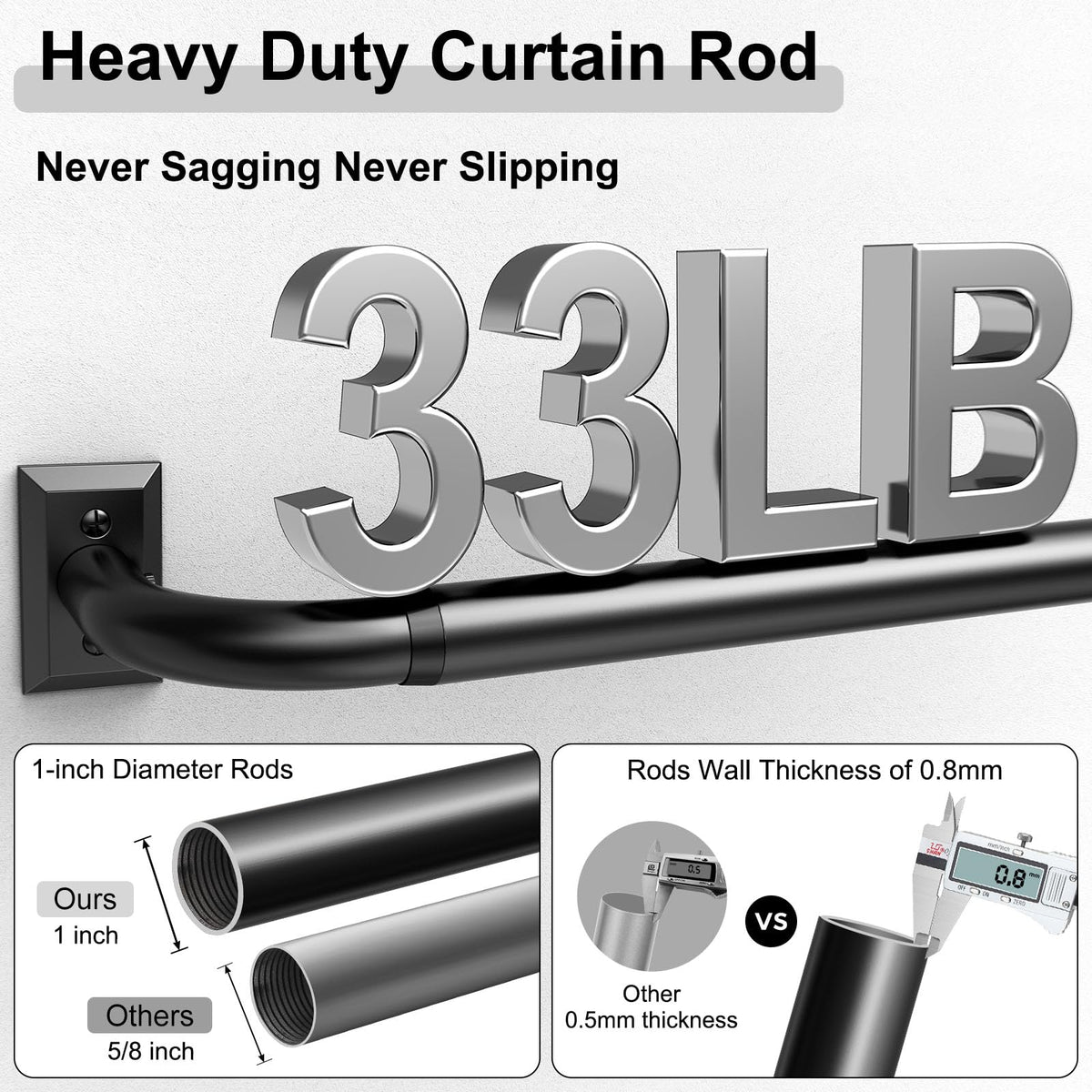 Hei! Dear heavy-duty curtain rod supports up to 33 pounds without sagging.