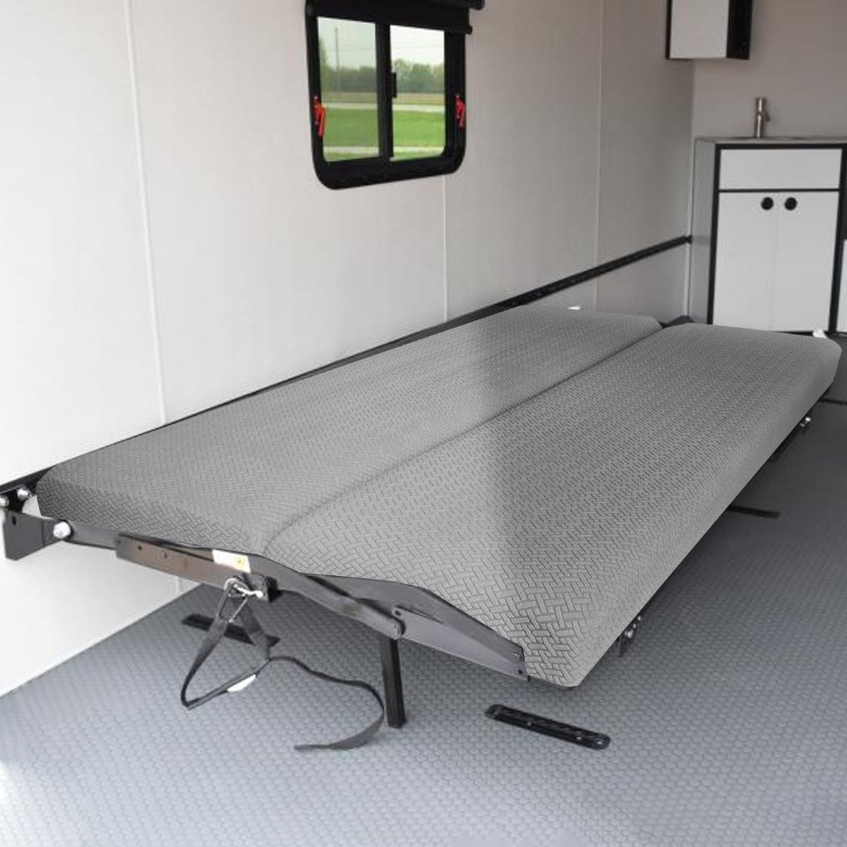 Heicofer grey RV couch cover adds modern, low-maintenance style.