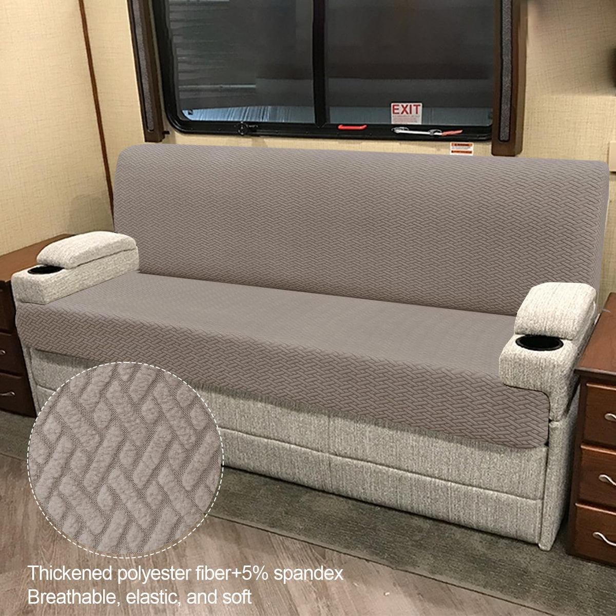 Heicofer RV couch cover closeup stretch fabric showing durability