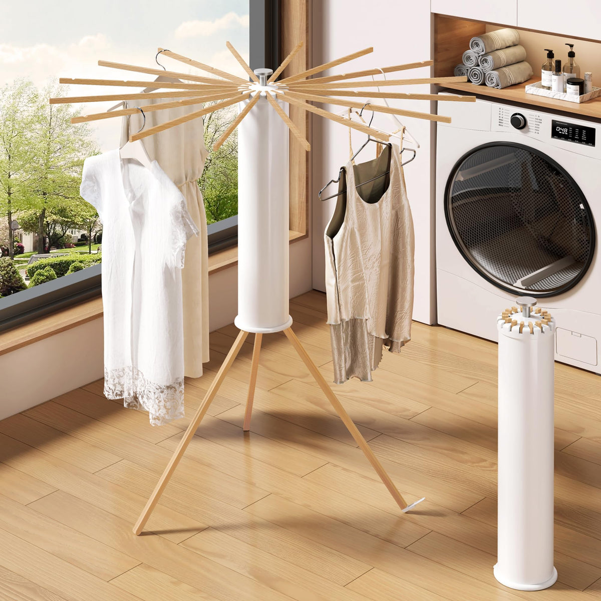 HEILAIYI beechwood drying rack offers a stable tripod base for heavy garments.