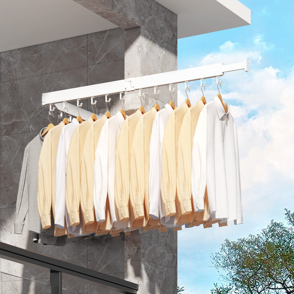 HEILAIYI folding rack tucked against the wall to save space.