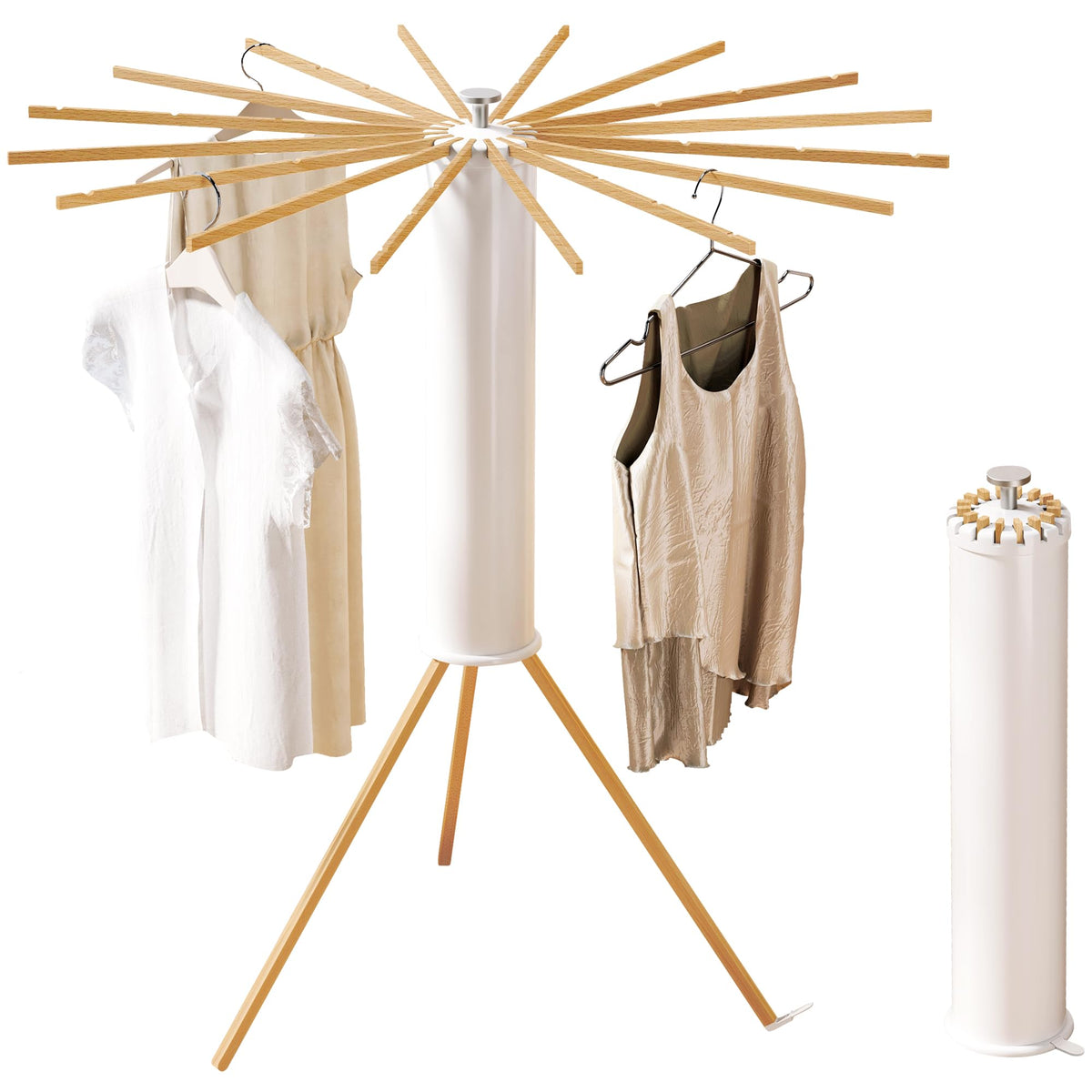 HEILAIYI foldable tripod rack with 16 arms for fast air-drying of shirts and towels.