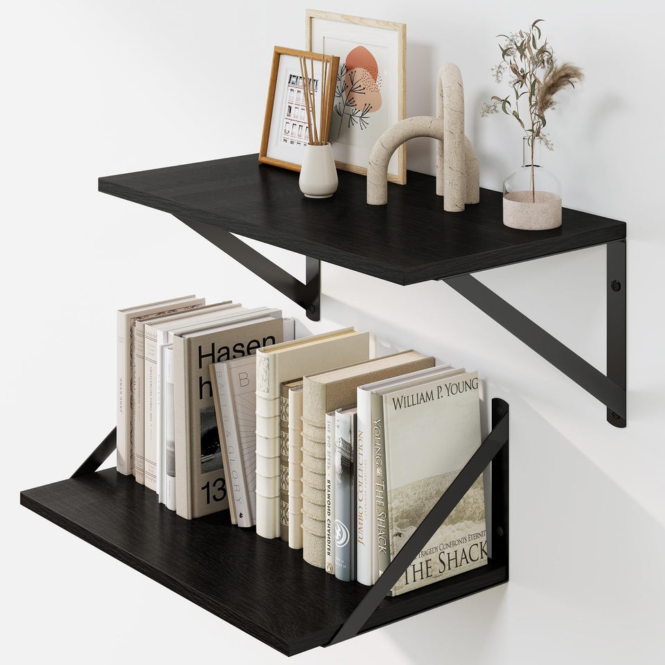 Heimlove black deep floating shelf with bracket offers robust wall storage.