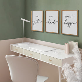 Heiple ready-to-hang wall decor with built-in brackets simplifies setup.
