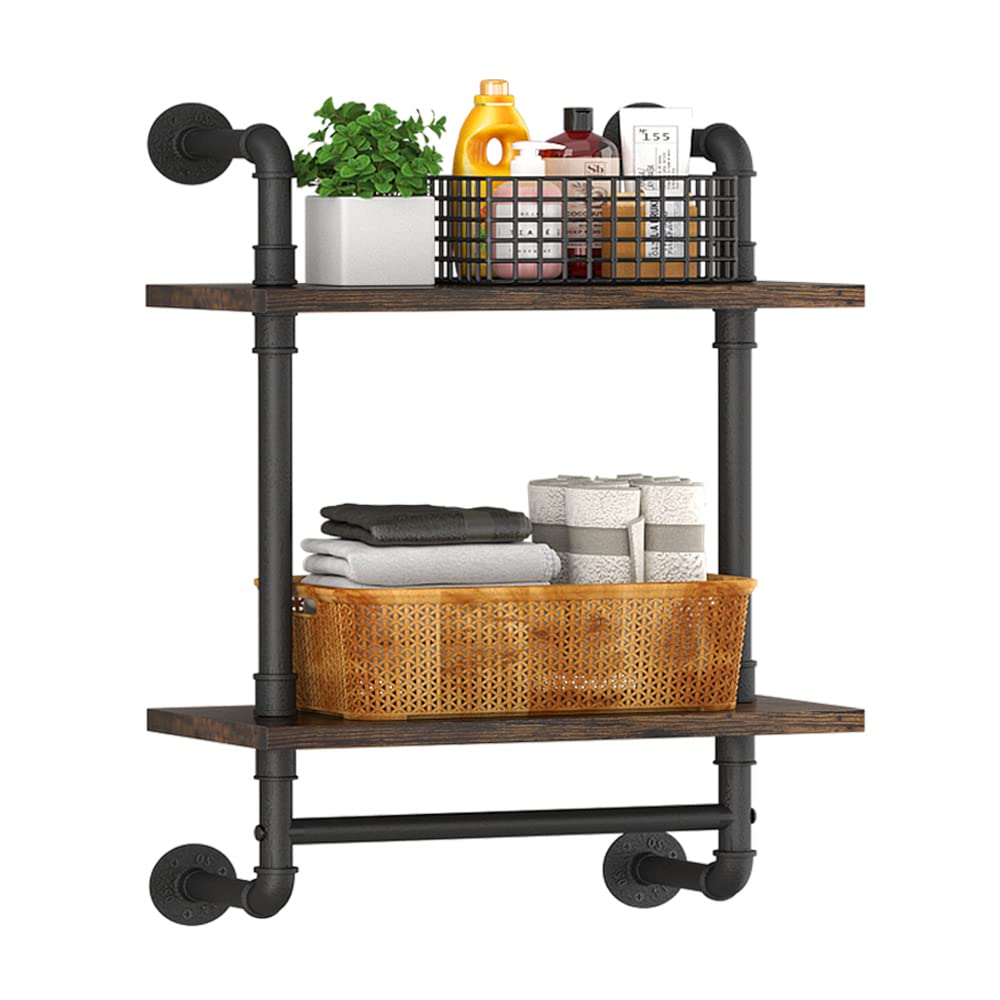 Helsin 2-tier industrial pipe shelf in bathroom adds sturdy storage with rustic charm.