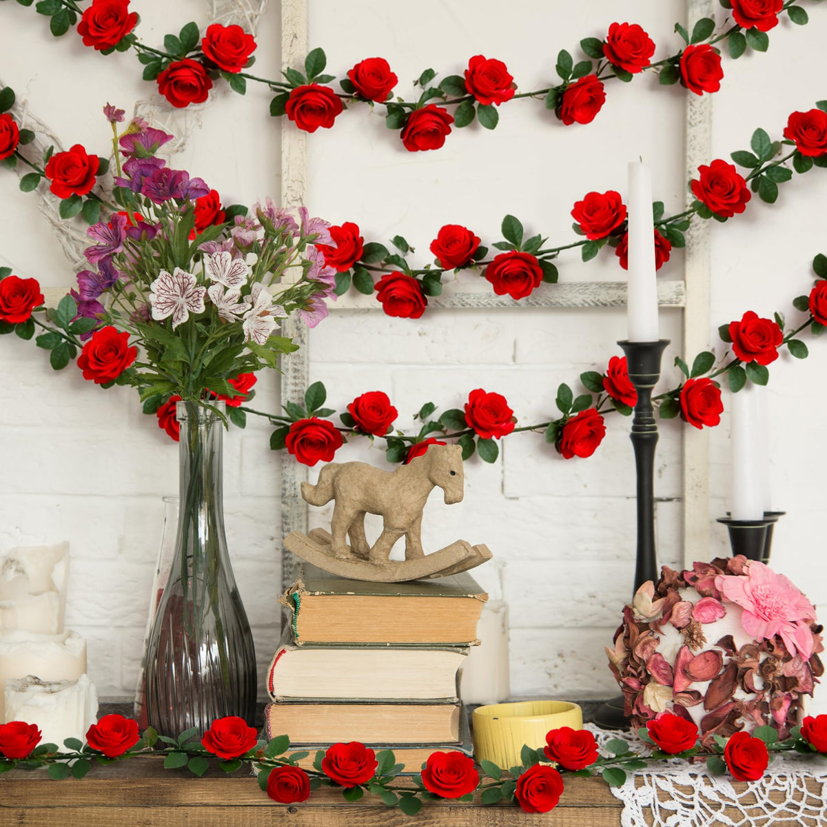 Weather-resistant rose garland keeps its shape for events and parties.
