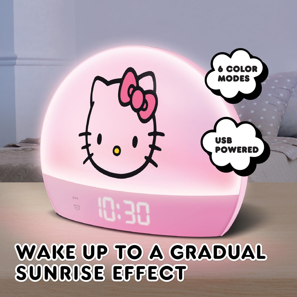 Hello Kitty Sunrise Alarm Clock LED display shows time, date, temperature.