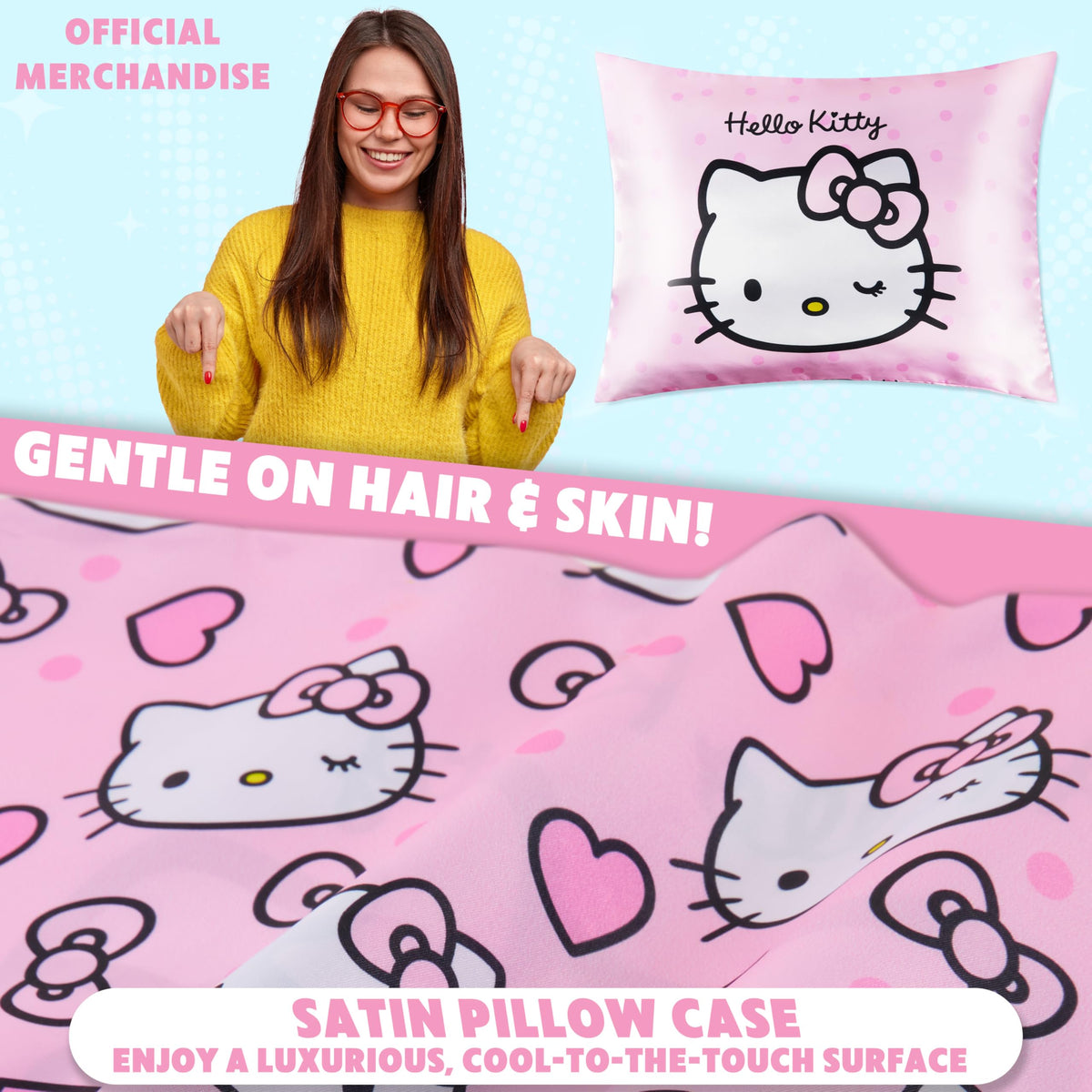 Hello Kitty satin pillowcase on bed with zipper closed.