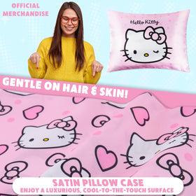 Hello Kitty satin pillowcase on bed with zipper closed.