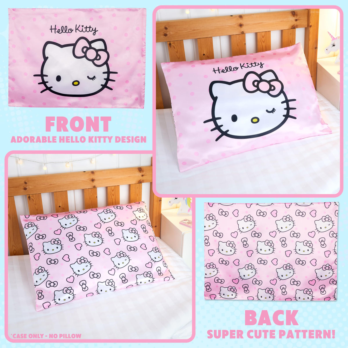 Hello Kitty satin pillowcase closeup satin sheen shows premium fabric.
