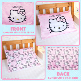 Hello Kitty satin pillowcase closeup satin sheen shows premium fabric.