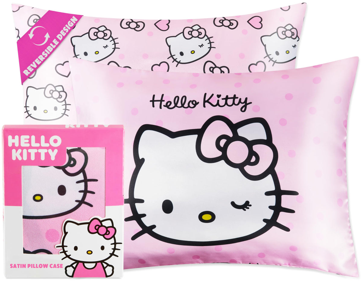 Hello Kitty satin pillowcase with zipper keeps pillow secure and hair smooth.