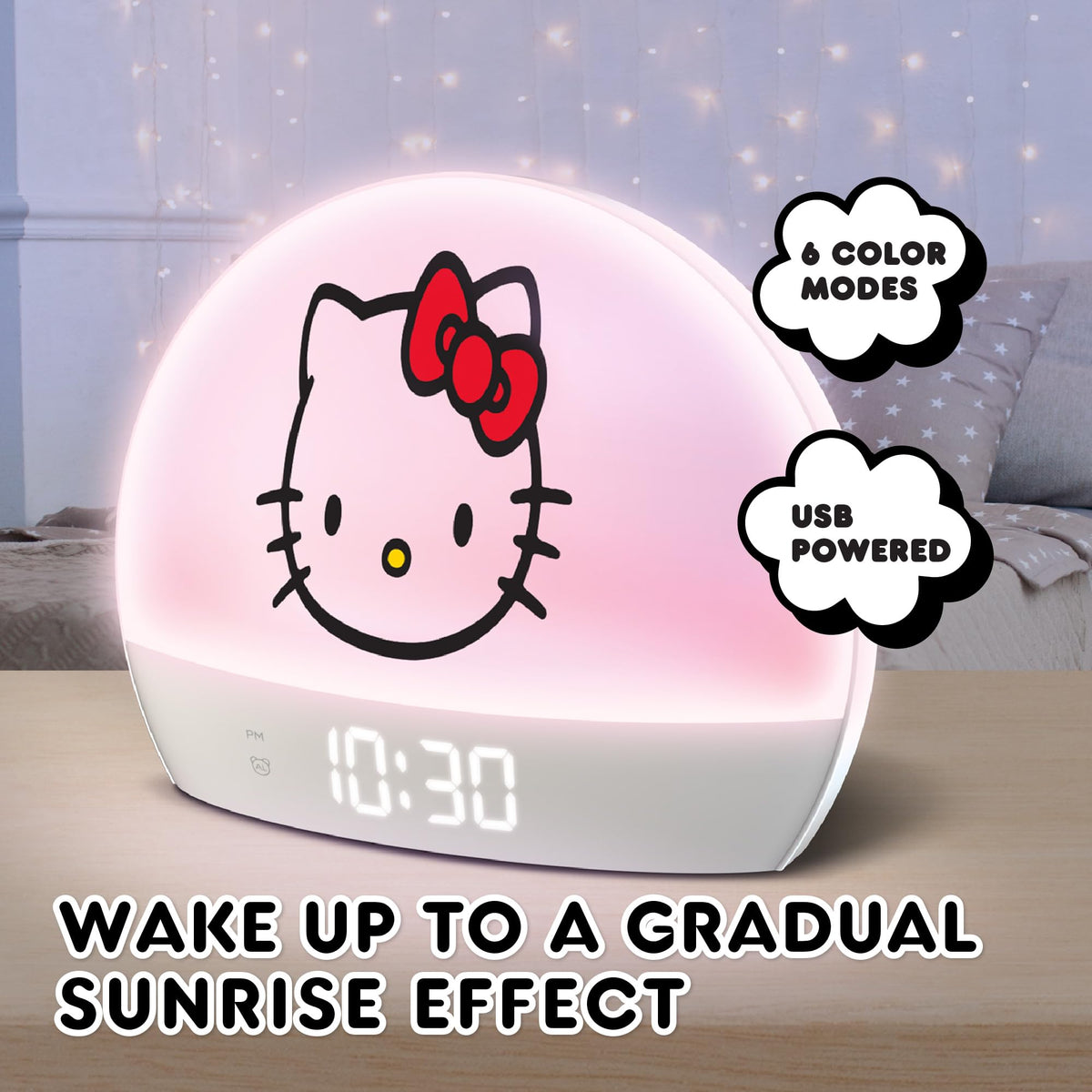 Hello Kitty Sunrise Alarm Clock LED display clearly shows time, date, and temperature