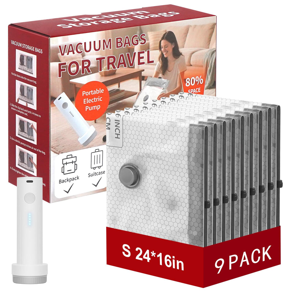 HelpLand rechargeable wireless pump shown with travel bags for space-saving packing