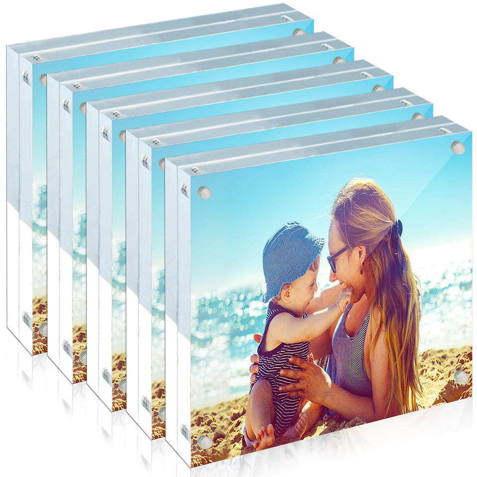 HELPLEX 5-pack 4x4 acrylic frames front view with dual-display for two memories.