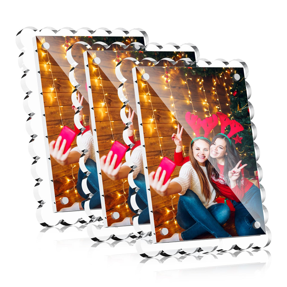 Helplex 5x7 clear acrylic frame with scalloped edge on desk for cherished photos