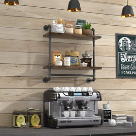 Helsin 2-tier rustic wood floating shelf ideal for towels, cosmetics, or decor.