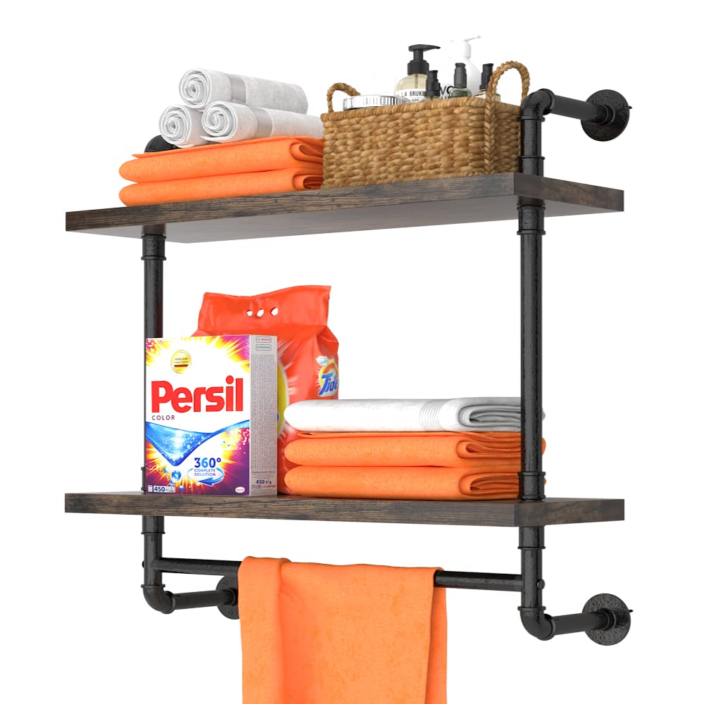 Helsin 24inch industrial pipe shelving with towel bar for organized bathroom storage.