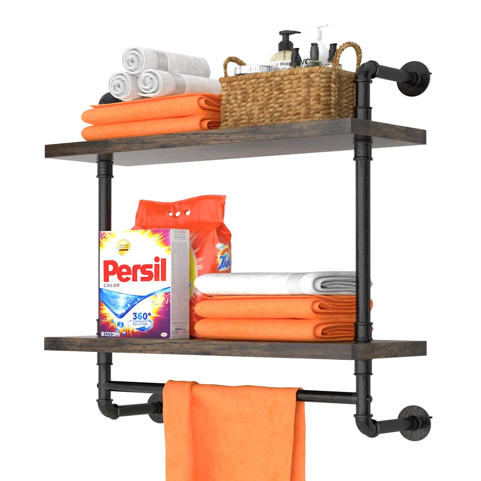 Helsin 24inch industrial pipe shelving with towel bar for organized bathroom storage.