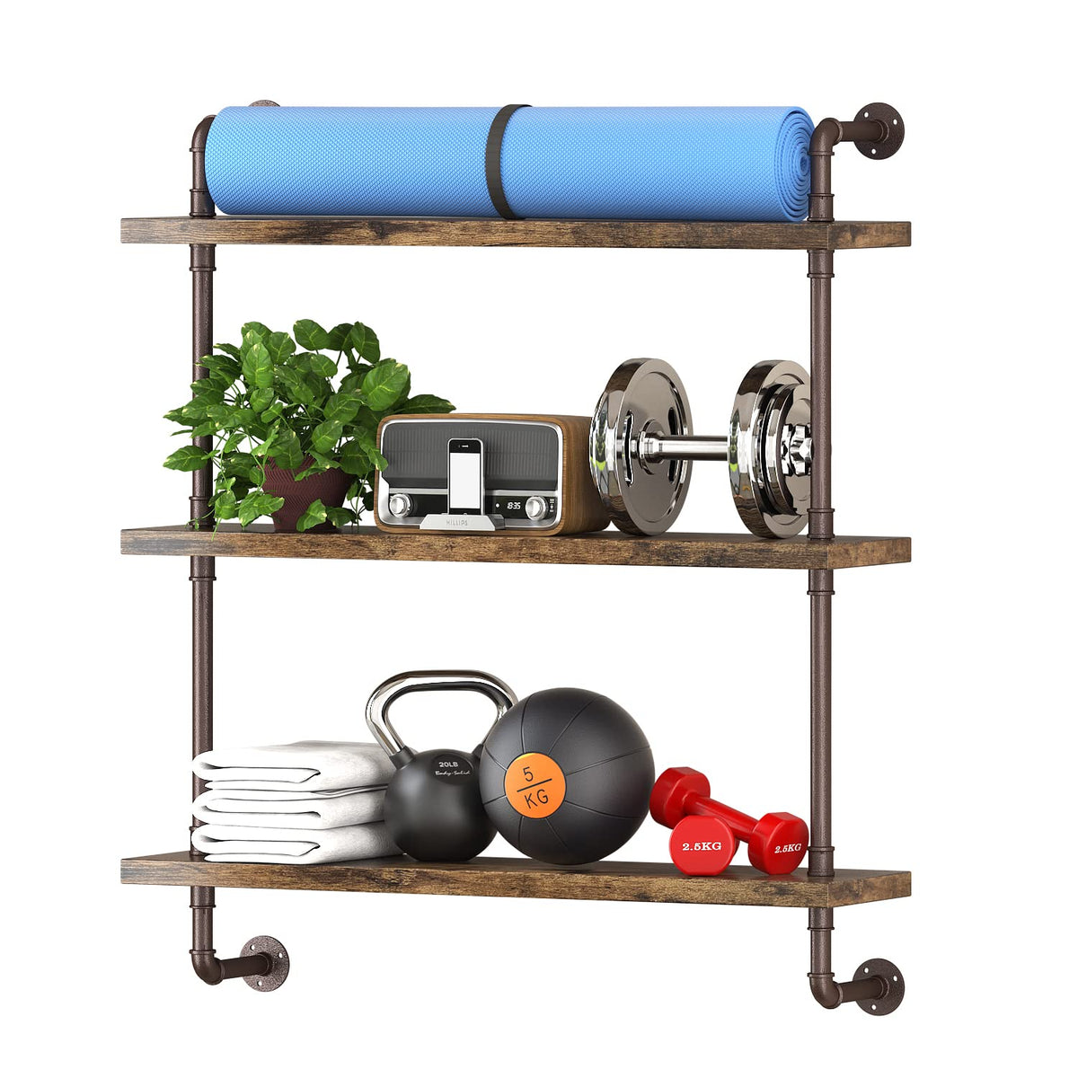 Helsin 3-Tier Industrial Pipe Shelf front view shows bronze pipes and warm wood for stylish storage.