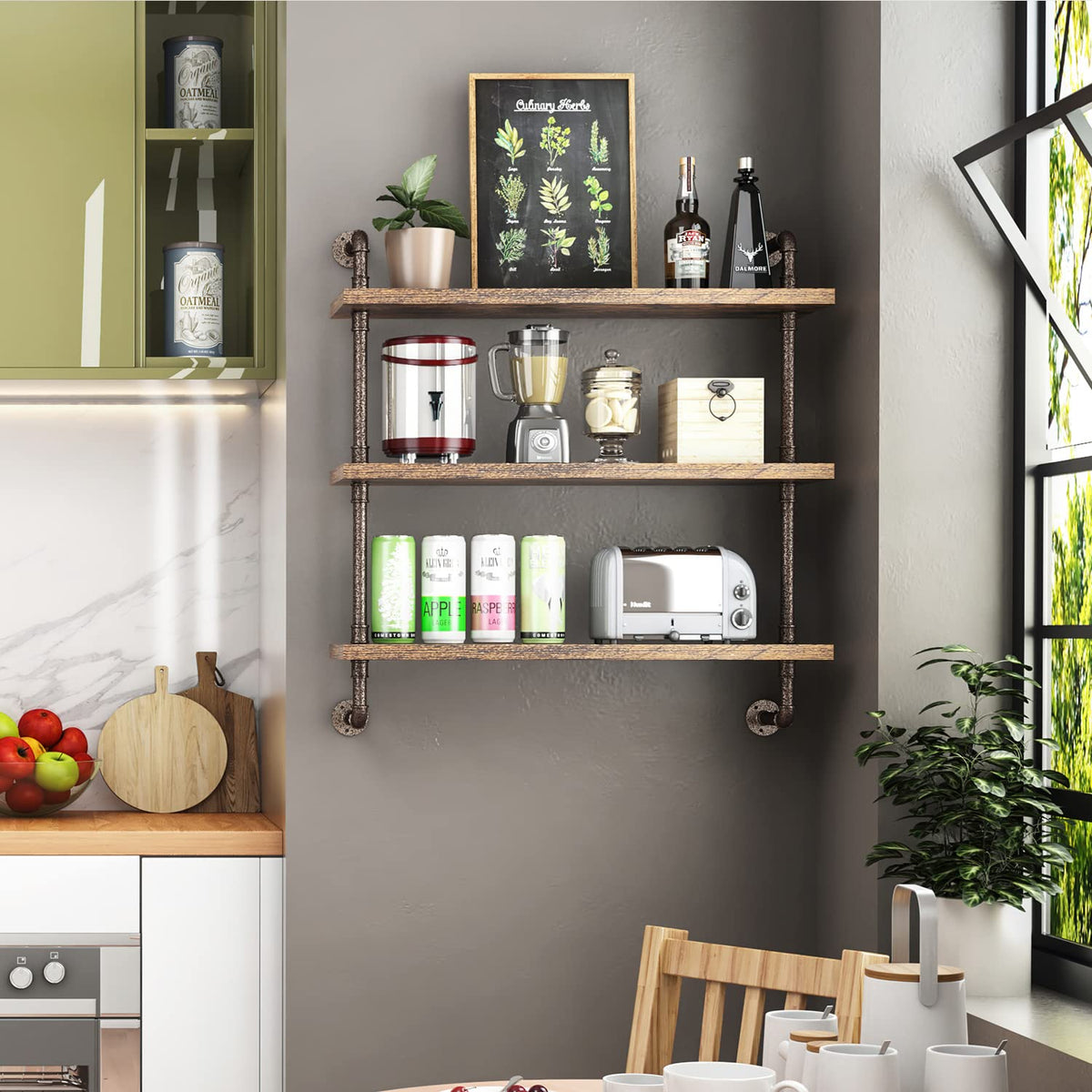 Helsin 3-Tier Industrial Pipe Shelf wall-mount setup demonstrates space-saving organization.