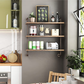 Helsin 3-Tier Industrial Pipe Shelf wall-mount setup demonstrates space-saving organization.