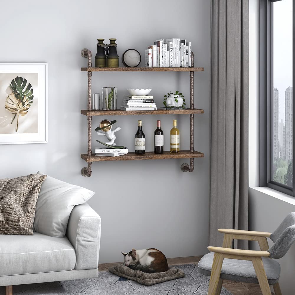 Helsin 3-Tier Industrial Pipe Shelf wood-grain detail highlights vintage charm and sturdy construction.