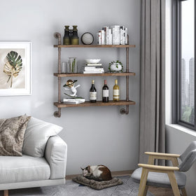 Helsin 3-Tier Industrial Pipe Shelf wood-grain detail highlights vintage charm and sturdy construction.