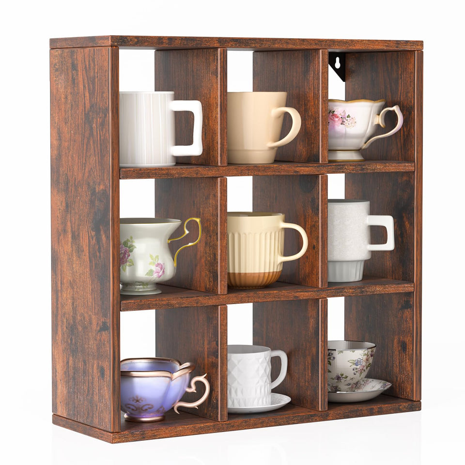 Helsin 9-Grid mug display rack keeping mugs neatly organized.