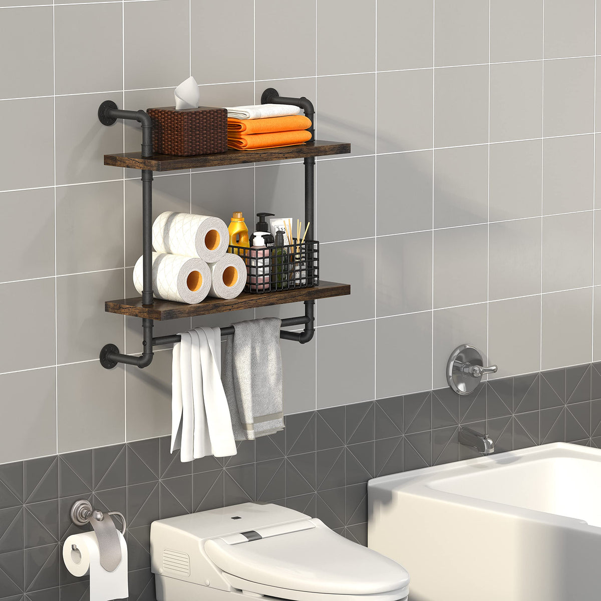 Helsin wall-mounted shelf with rustic wood and metal pipes for durable bathroom organization.