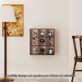 Helsin wall-mounted wooden shadow box shelf adds artisanal charm.