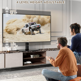 Hemudu heavy-duty tempered glass base anchors the TV securely on a table