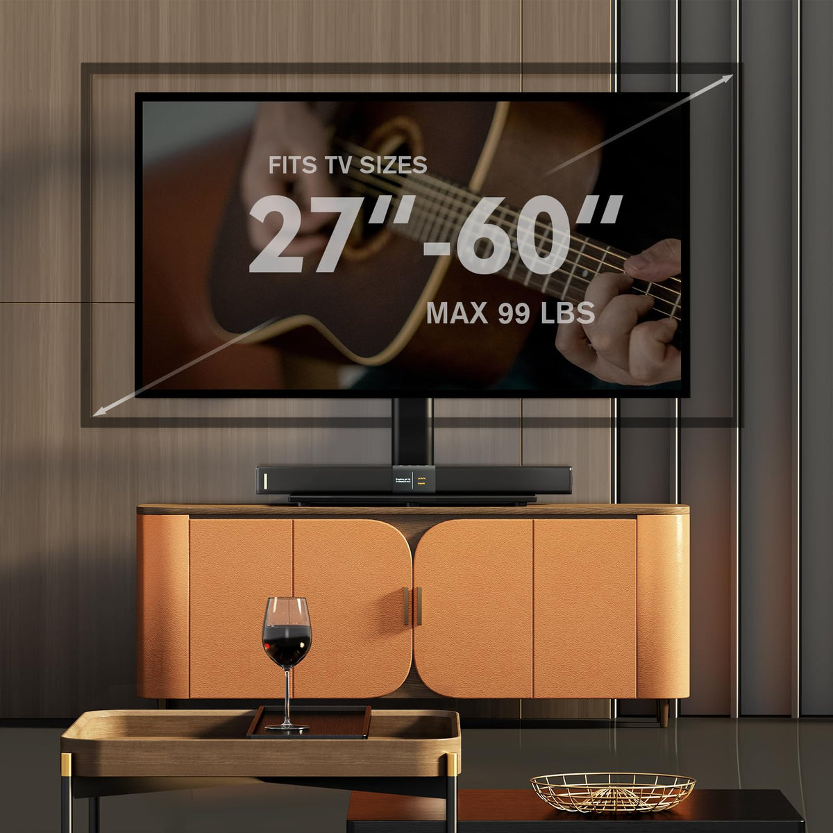 Hemudu table-top TV stand showing swivel angle for flexible viewing options