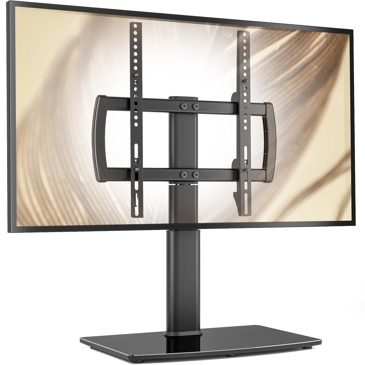 Hemudu universal swivel TV stand base provides stable tabletop setup with tempered glass footprint