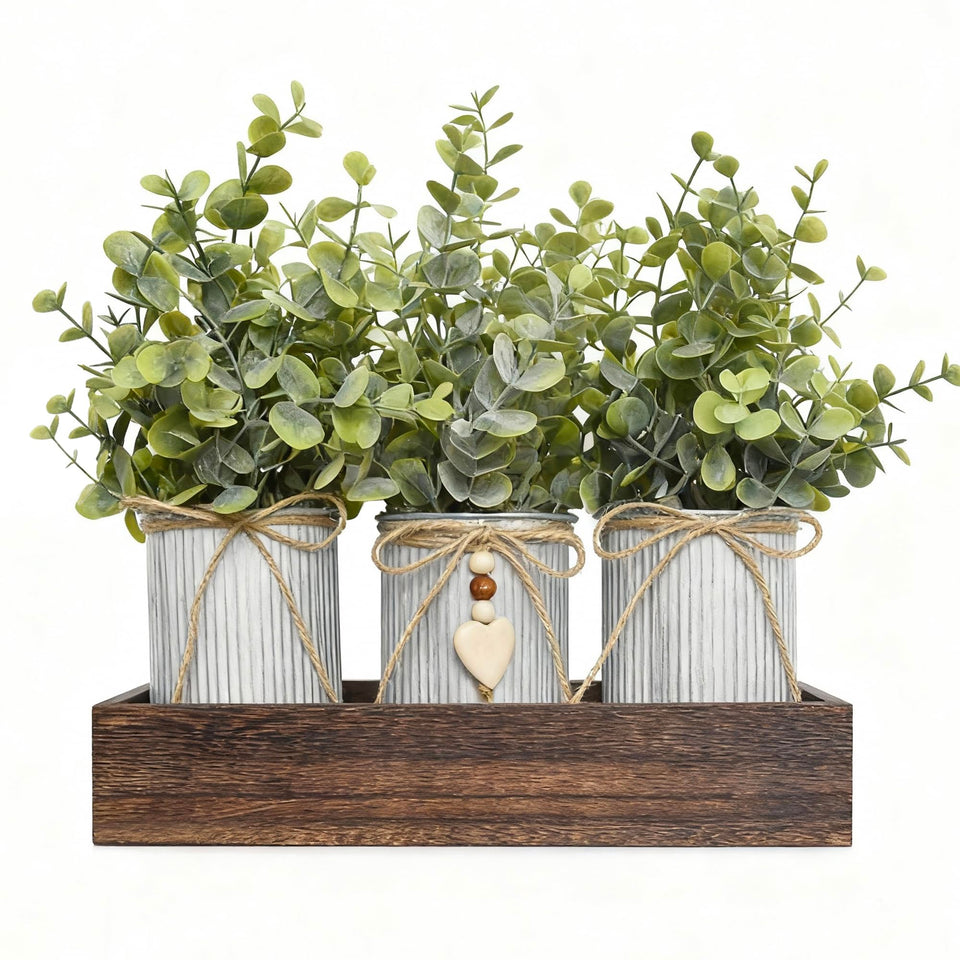 HEMYLU artificial centerpiece with frosty green eucalyptus in a wood tray