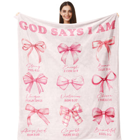 Henazin Bow Blanket 60x50 full view, a soft pink devotional gift for women.