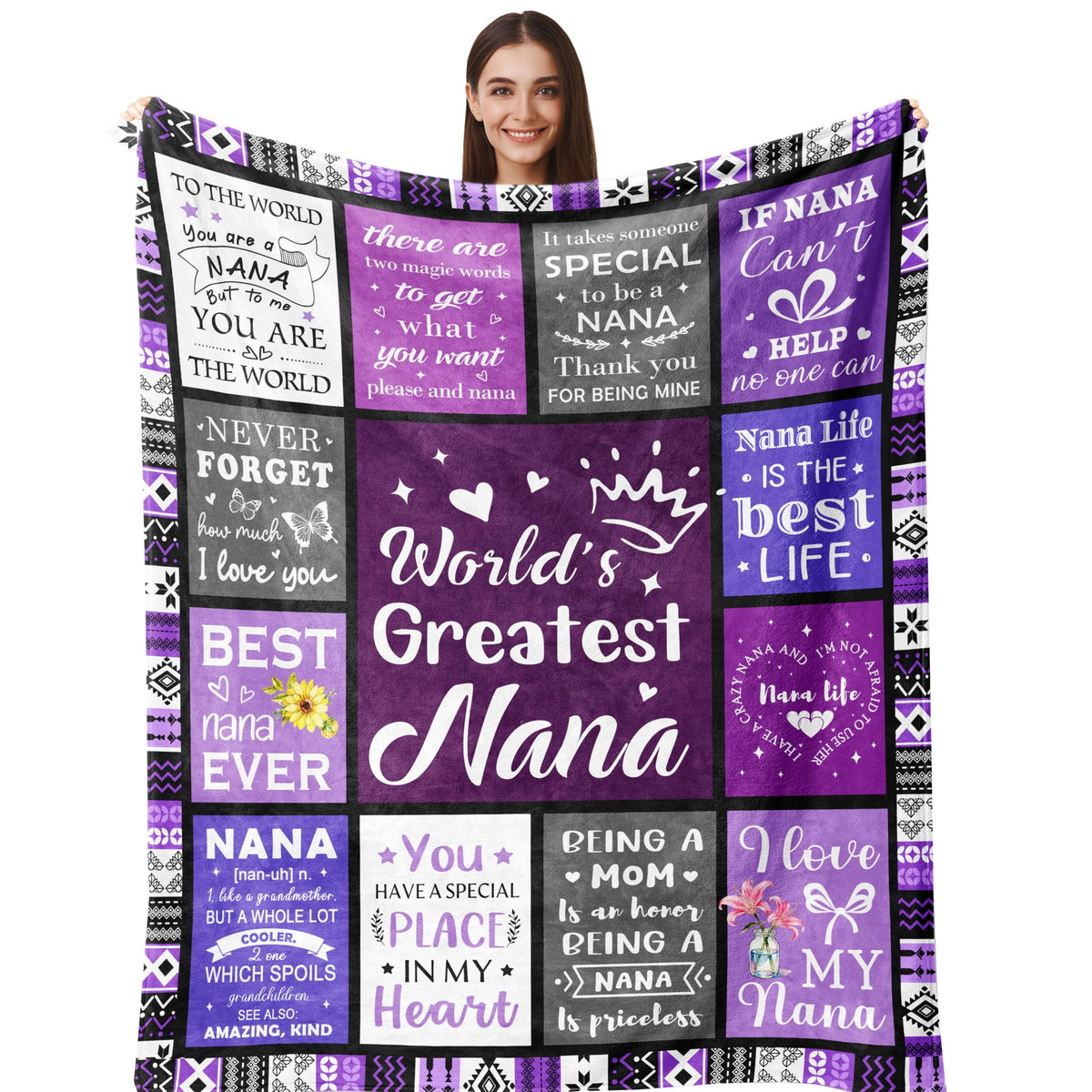 Henazin Nana Gifts Blanket in purple, front view, cozy warmth for Nana.