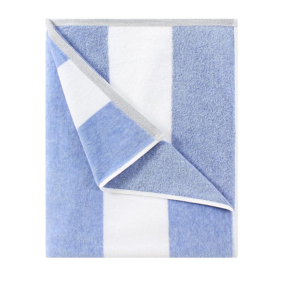 HENBAY cotton oversized beach towel with blue stripes, large surface for lounging by the pool; quick-dry design.