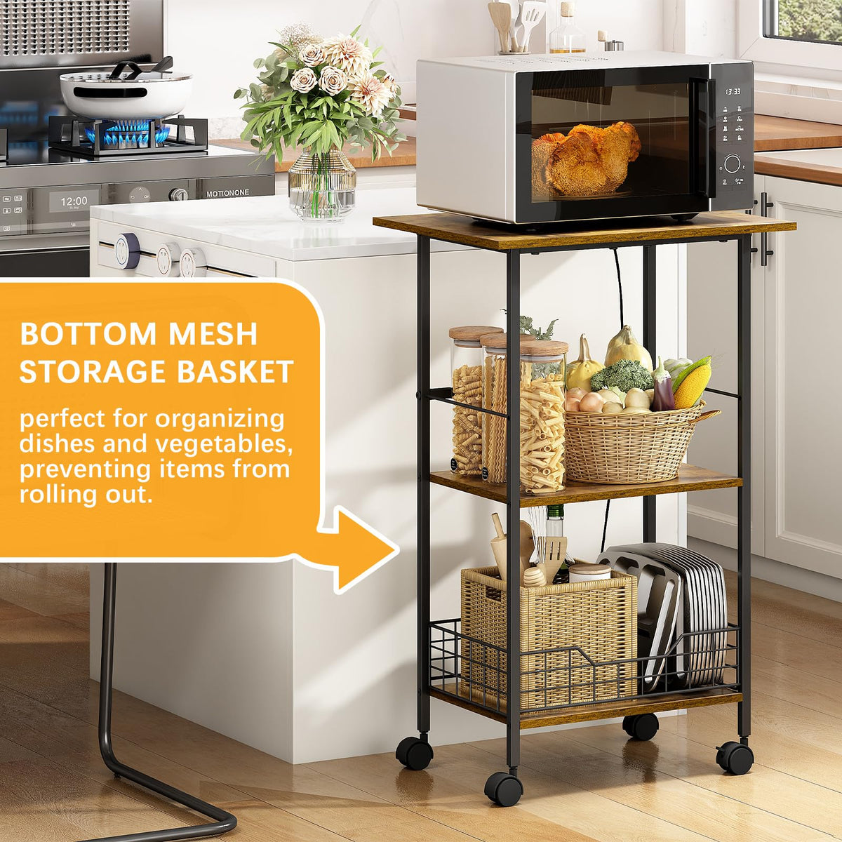 Hencawima 3-tier kitchen cart with wire basket helps organize fruits and vegetables.