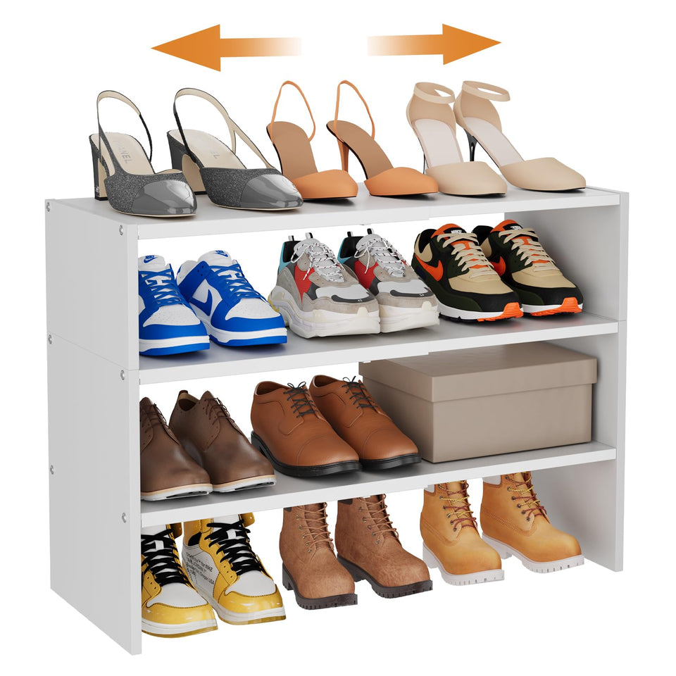 Hencawima 3-tier expandable white shoe rack in closet saves space.