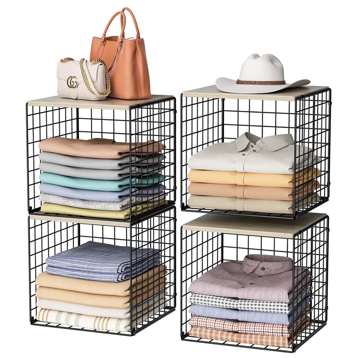 Hencawima four-tier closet organizer with wood top, front view, ideal for wardrobe organization.