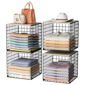 Hencawima four-tier closet organizer with wood top, front view, ideal for wardrobe organization.
