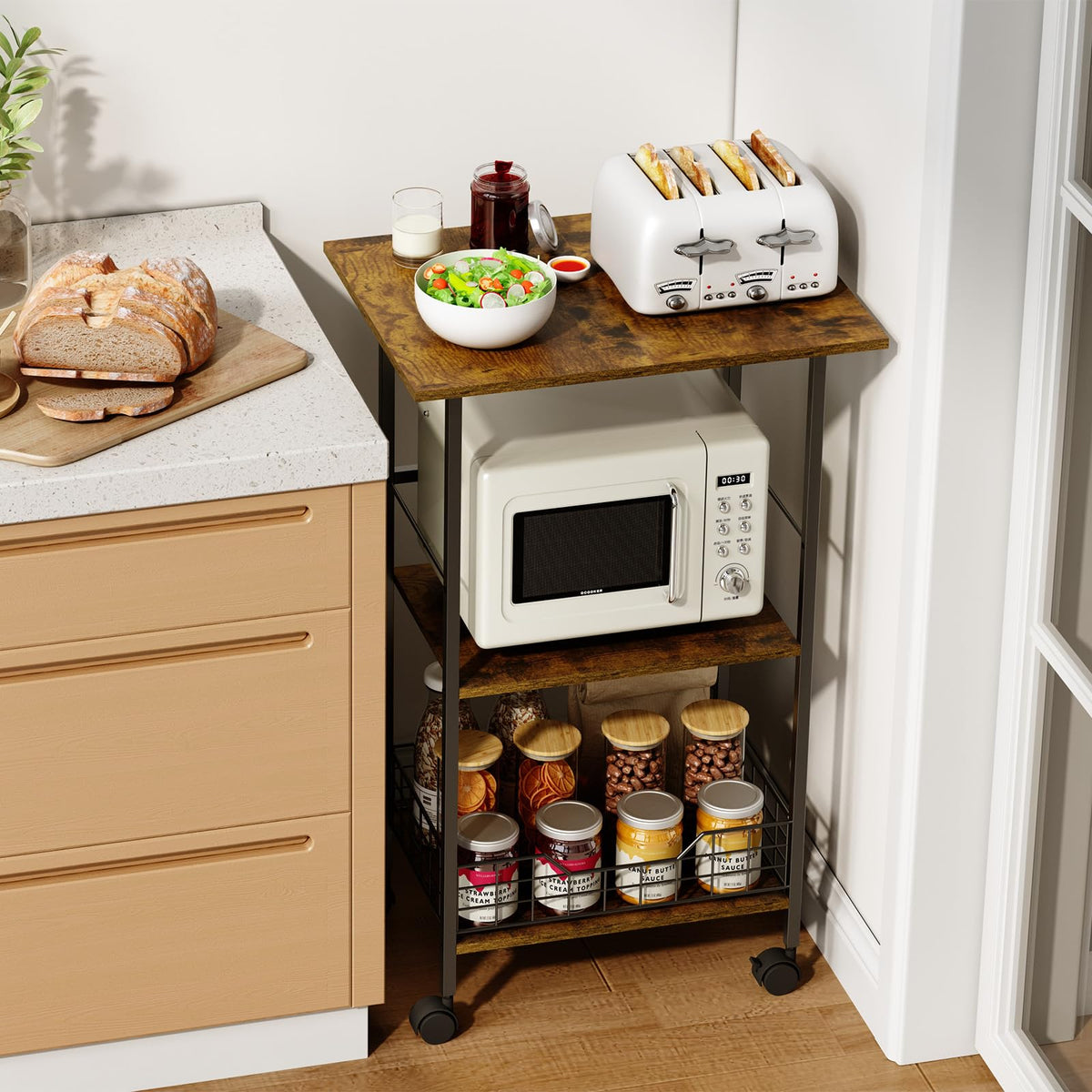 Hencawima versatile kitchen island on wheels adapts to different spaces.