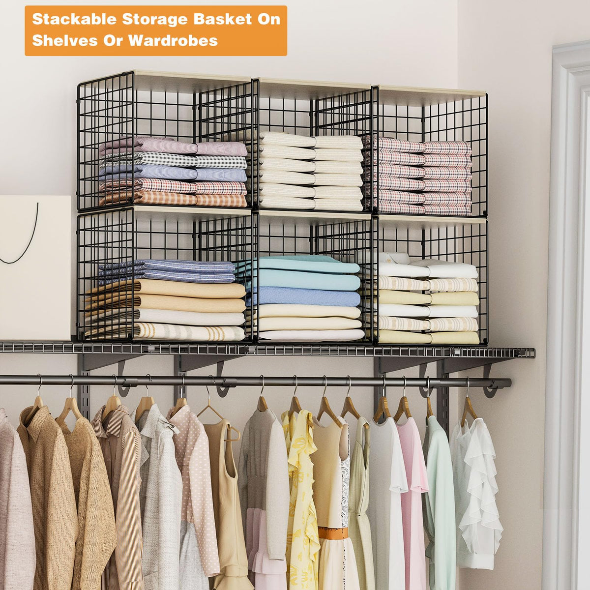 Hencawima stackable closet organizer in closet, showcasing space-saving potential.