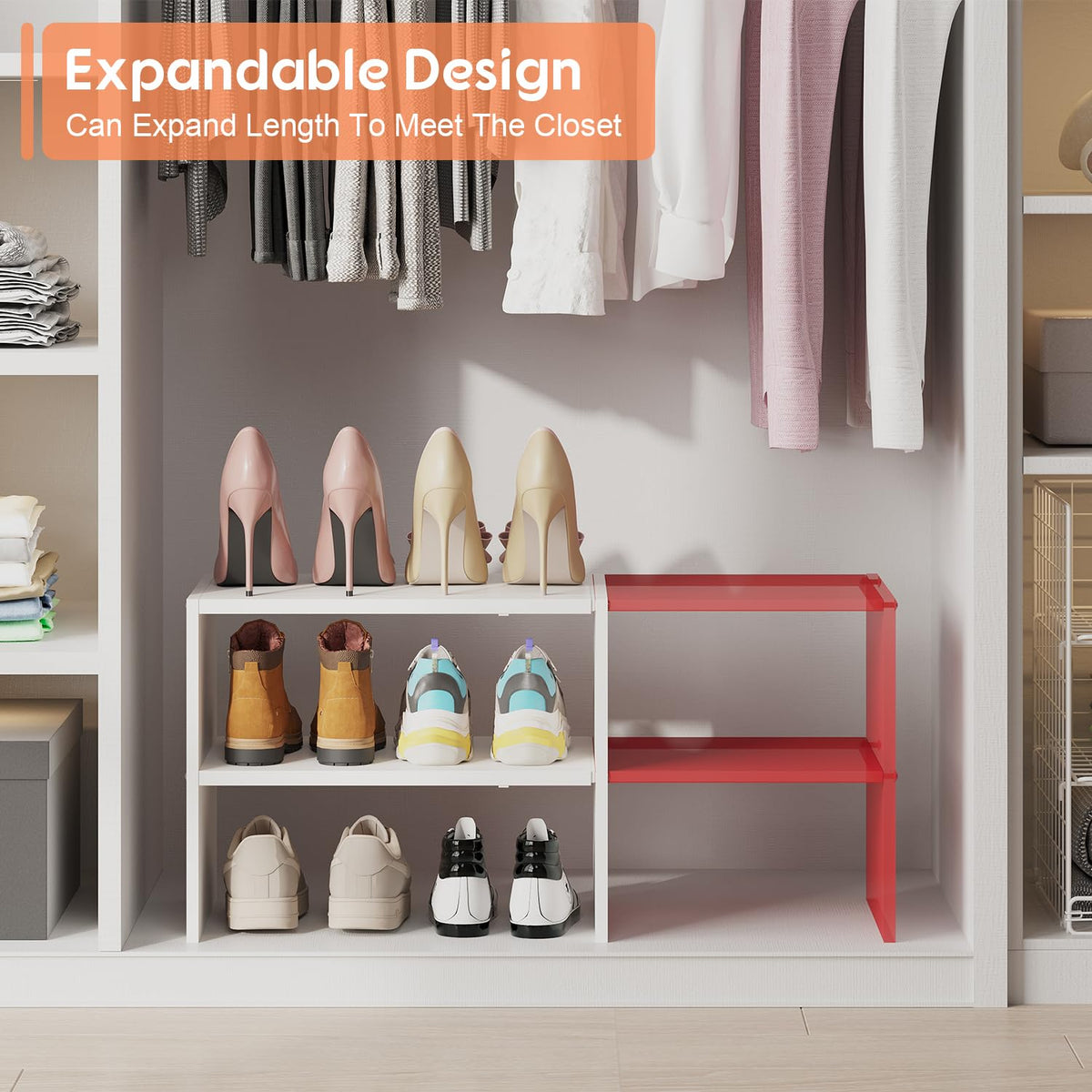 Hencawima stackable shelves configured to hold 4 to 8 tiers for different pair counts